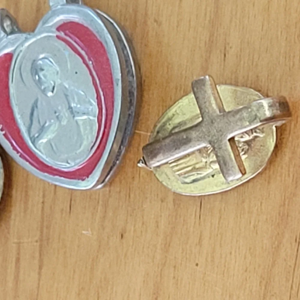 Vintage Religious Medal Charm Pin Lot Cross Saint Heart Pendant 3 Pcs
